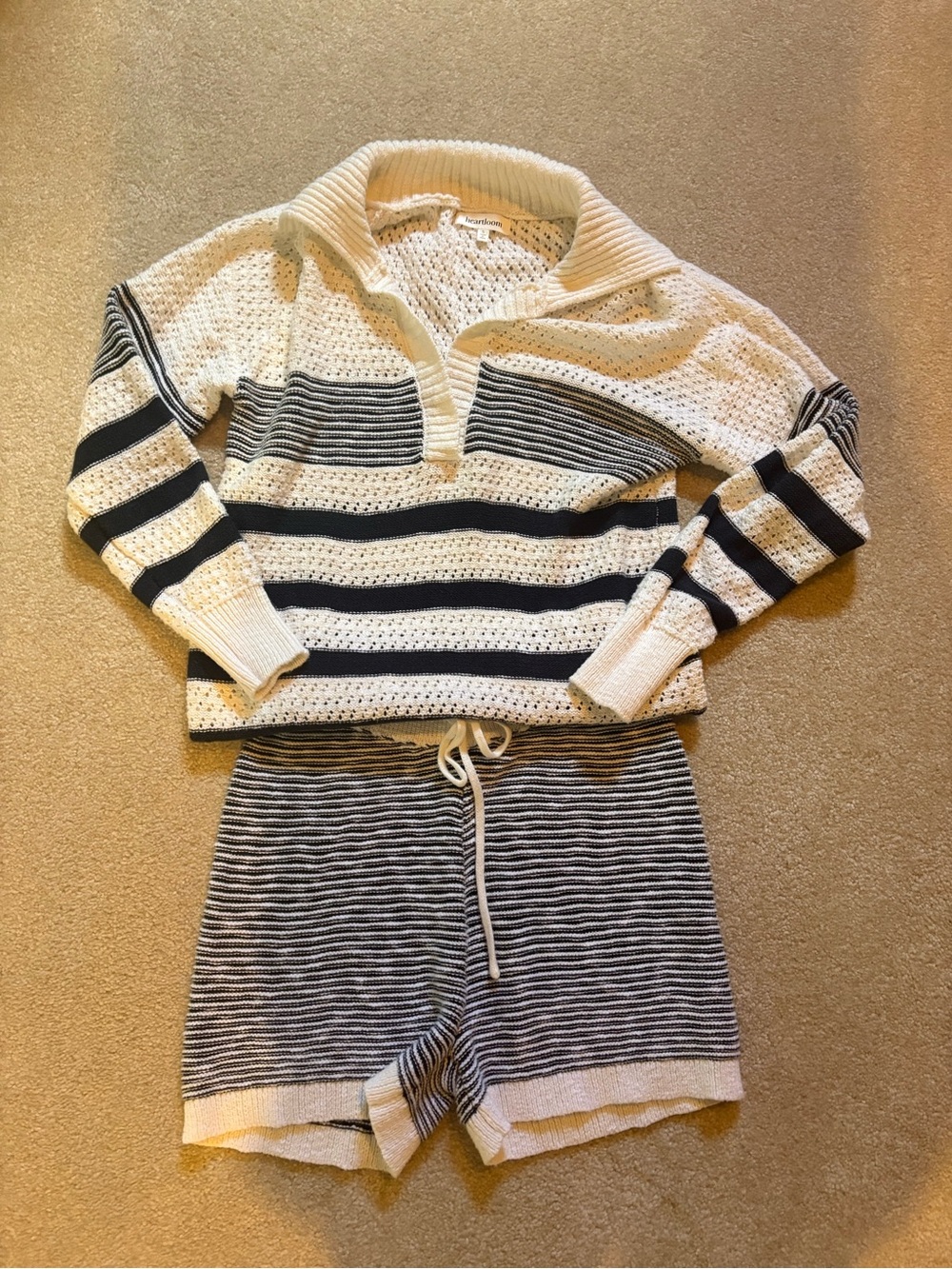 Striped Knit Pullover Sweater in Cream and navy with matching shorts